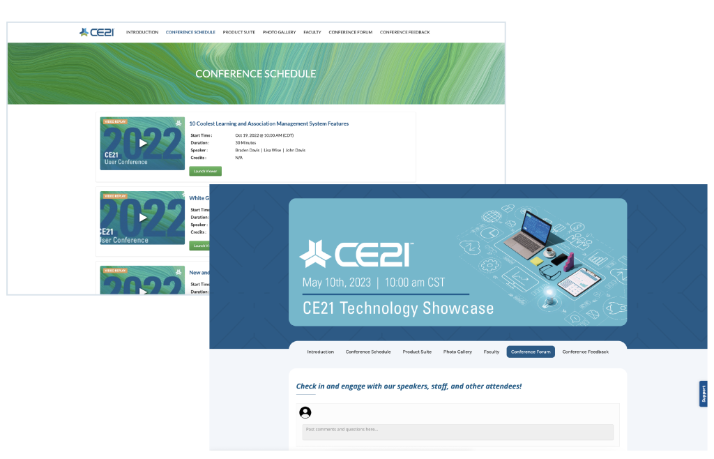 A collage of beautiful, mobile-responsive virtual conference templates demonstrating the customization options from CE21 that align with an organization's brand identity.