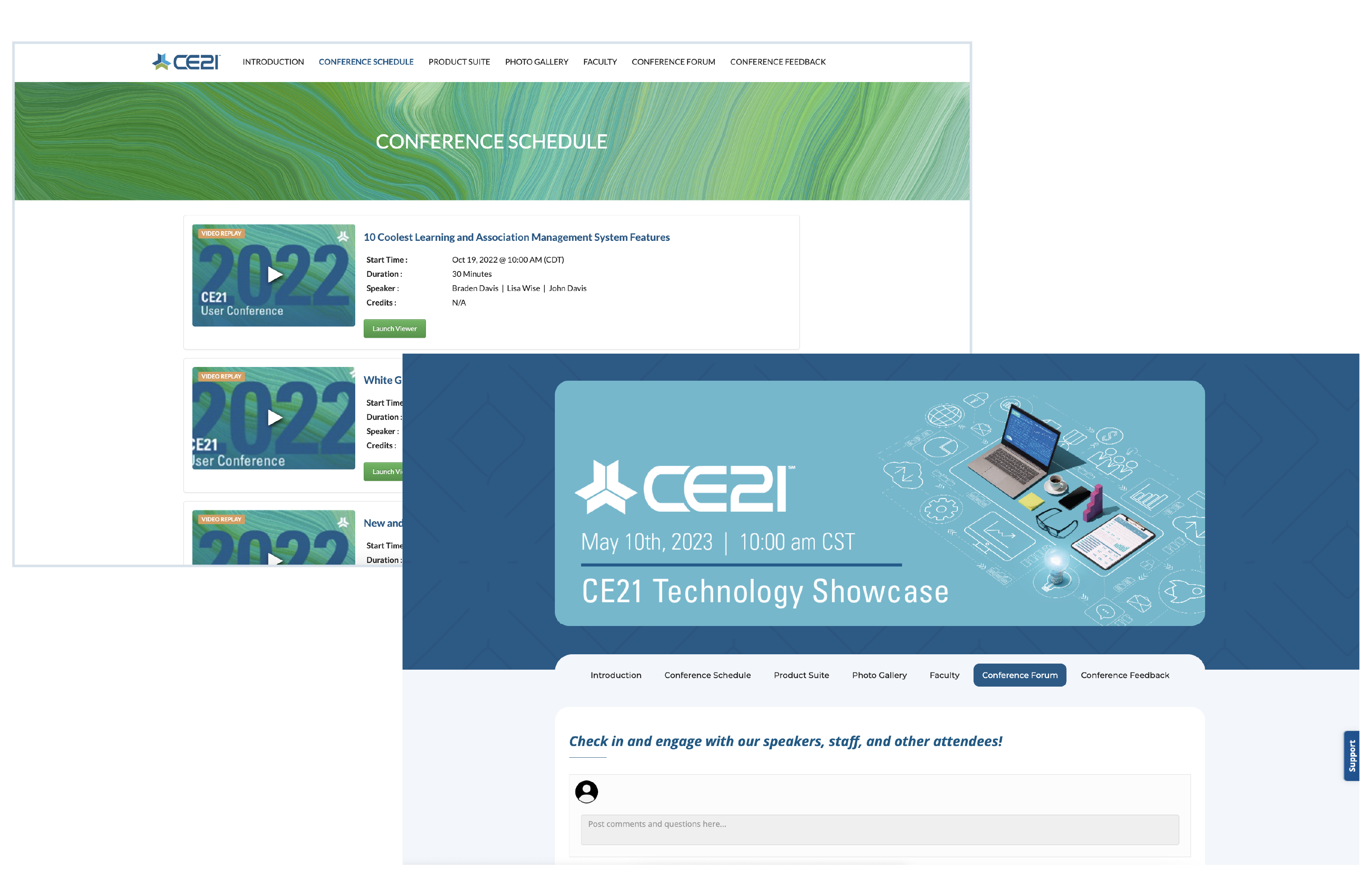 Screenshot demonstrating the CE21 virtual event platform interface, showing a schedule of past conference sessions and an interactive forum page for a technology showcase.