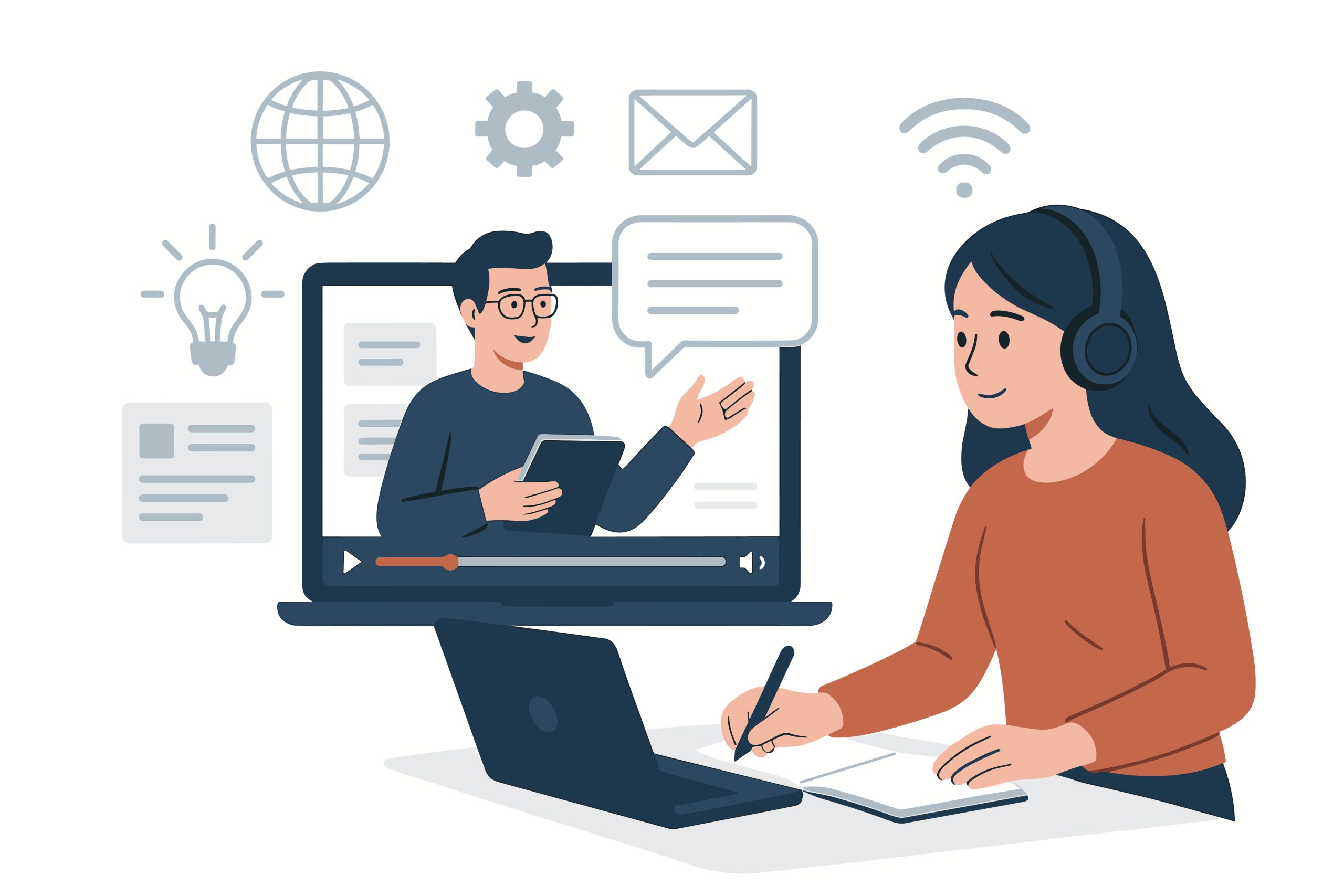 Flat vector illustration of a woman wearing a headset and taking notes in a notebook while watching a video lesson on a laptop. The screen shows a male instructor gesturing next to a speech bubble. Stylized icons for a lightbulb, globe, gear, email, and Wi-Fi float in the background.