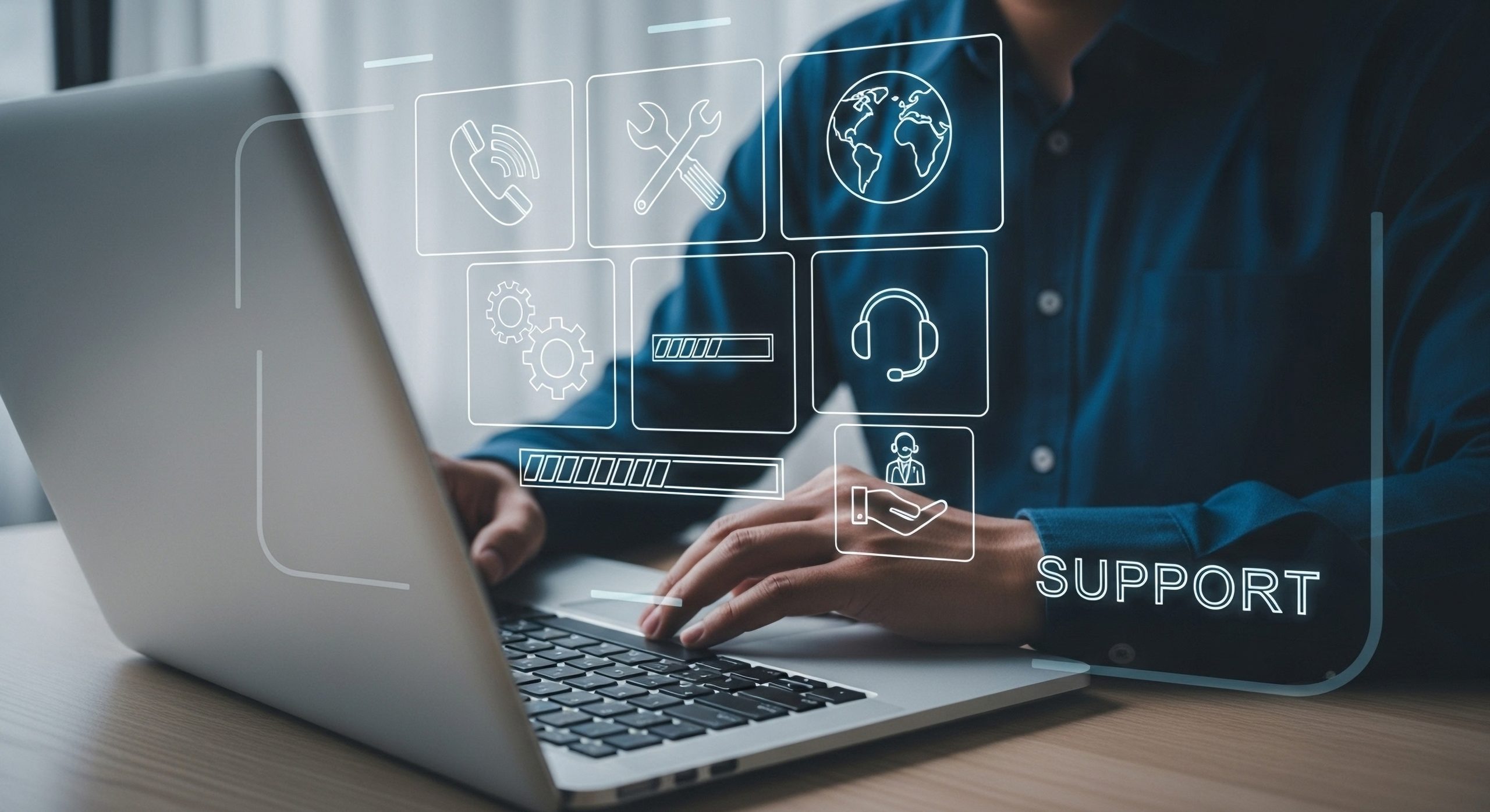Person typing on laptop with support icons representing technical assistance and customer service - CE21