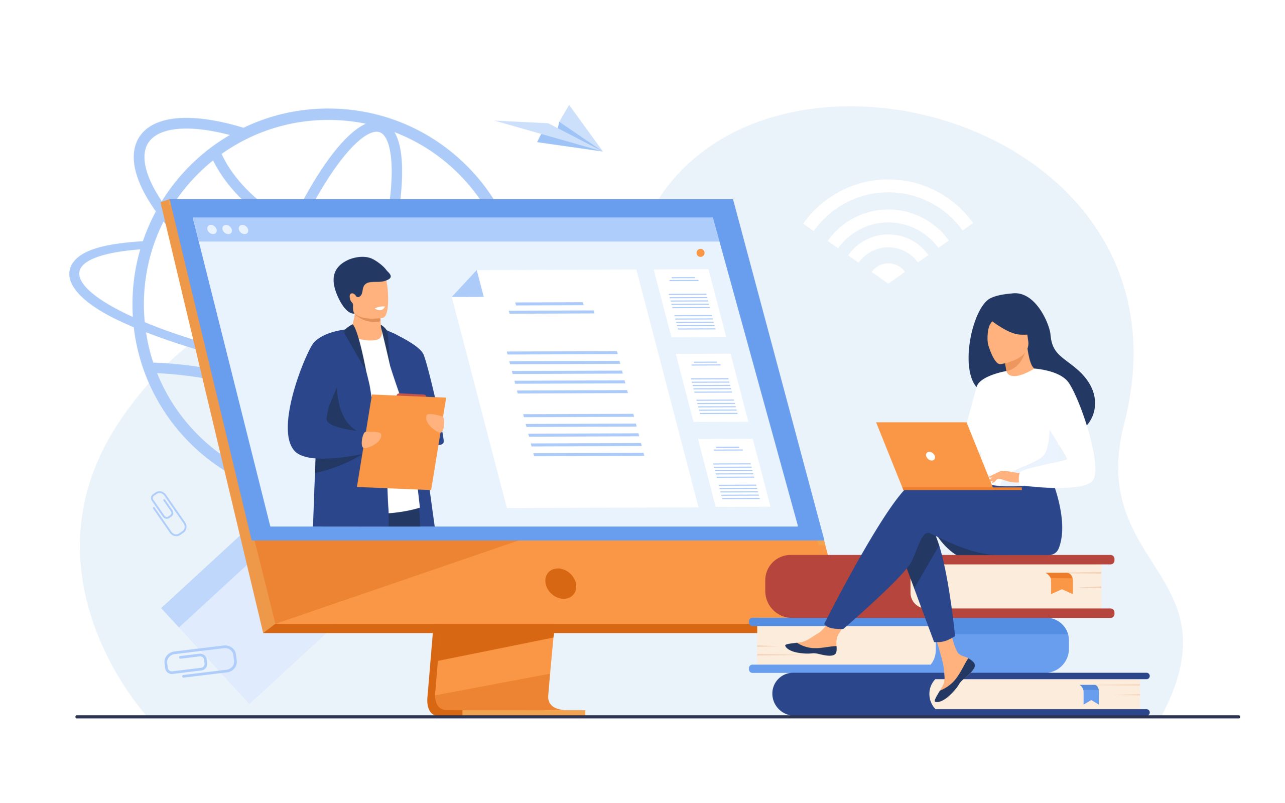 Flat vector illustration of a woman sitting on a stack of giant books using a laptop, while a man appears on a large computer screen next to her holding a document. Light blue abstract icons of a globe, Wi-Fi, and paper clips float in the background.