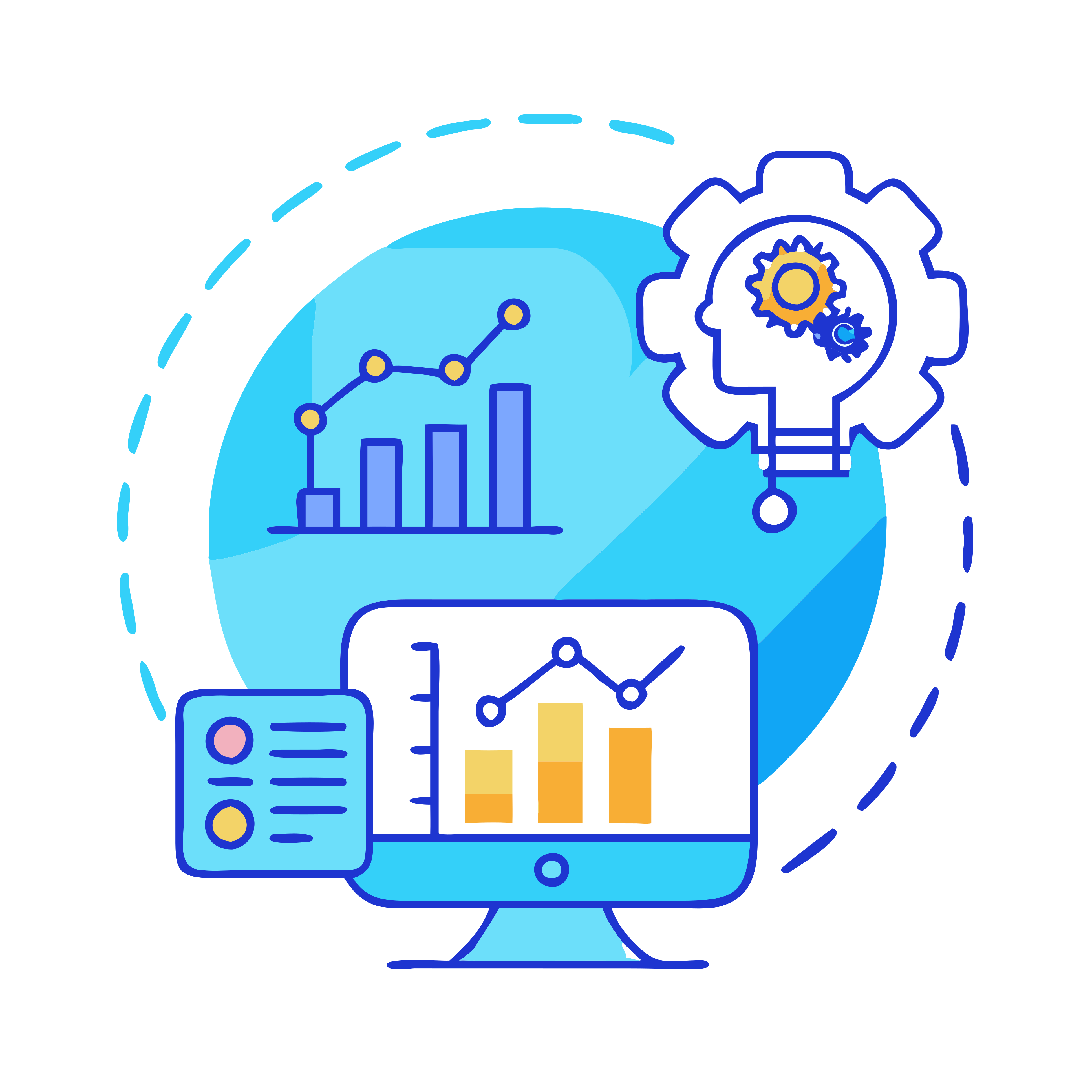 A stylized vector illustration of a desktop computer monitor displaying a bar graph on the screen. Above the monitor, connected by dotted lines, are icons representing a line chart and a lightbulb inside a gear, symbolizing data analysis and smart innovation.