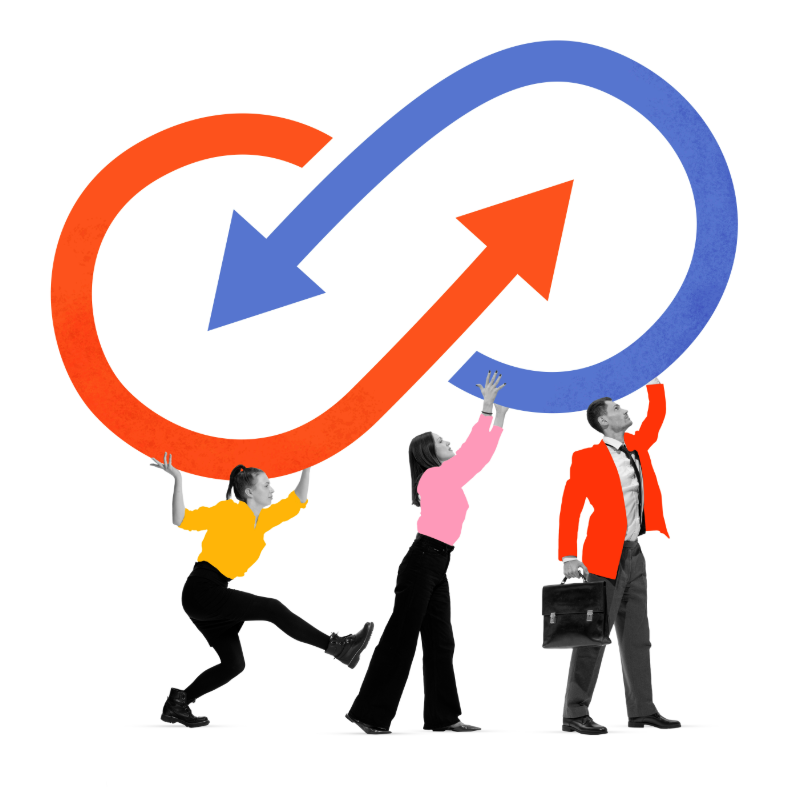 A creative illustration of three people working together to hold up a large, looping infinity symbol made of a red arrow and a blue arrow. This visualizes the continuous cycle of member engagement and seamless management.
