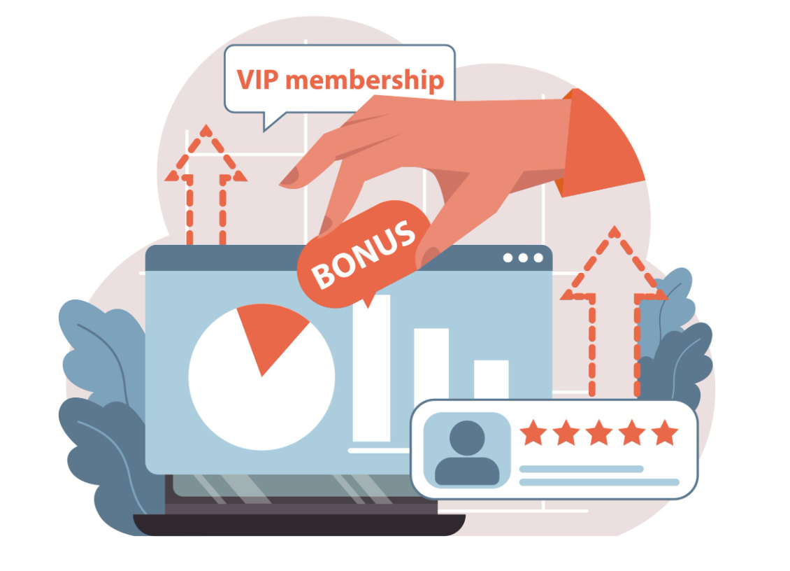 A vector illustration titled 'Tiered system' featuring a hand placing a red 'Bonus' sticker onto a laptop screen displaying analytics. Surrounding icons include a 'VIP membership' speech bubble, upward arrows symbolizing growth, and a five-star review badge.