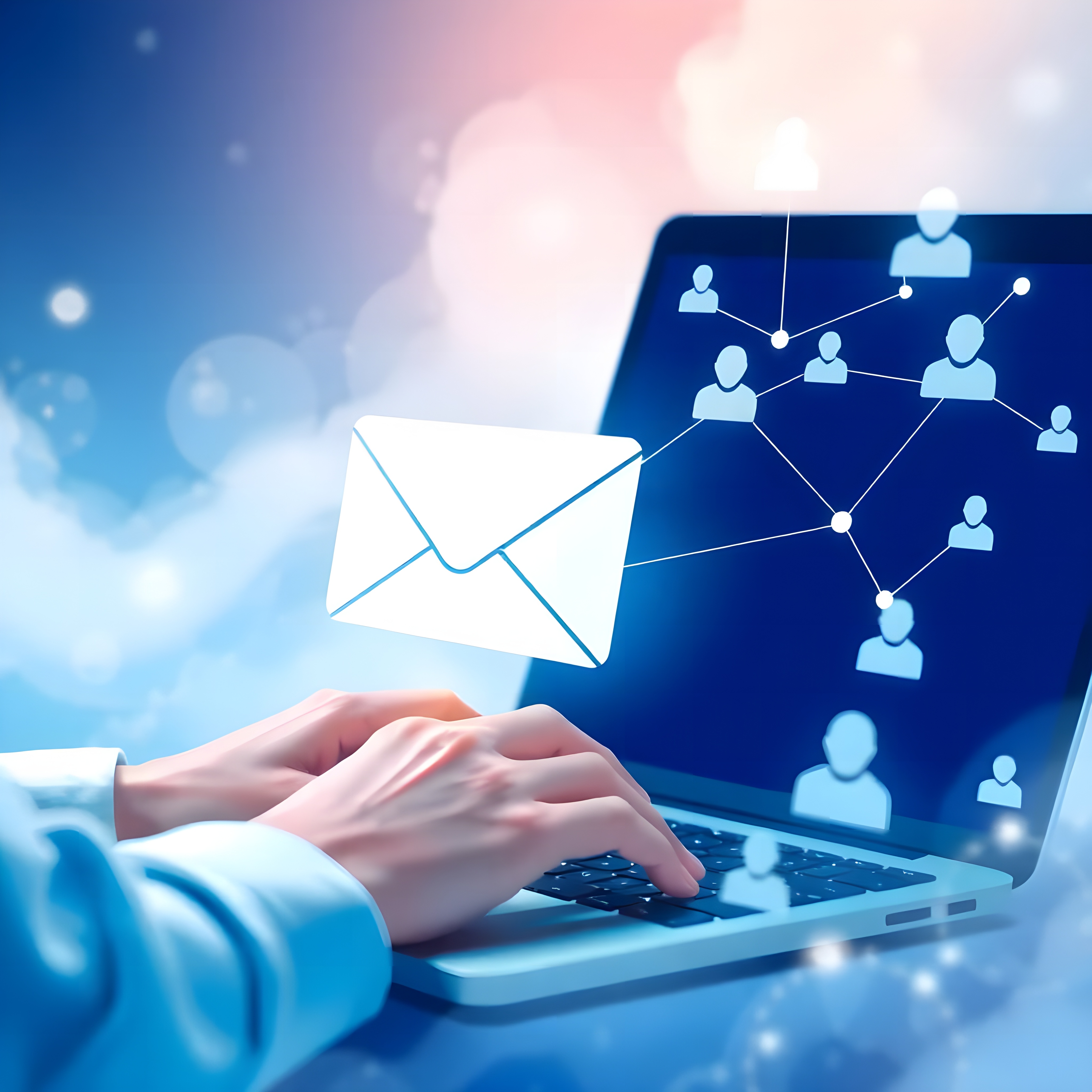 A person's hands typing on a laptop, with a white envelope icon hovering over the screen, connected to a network of user profile icons against a blue digital background.