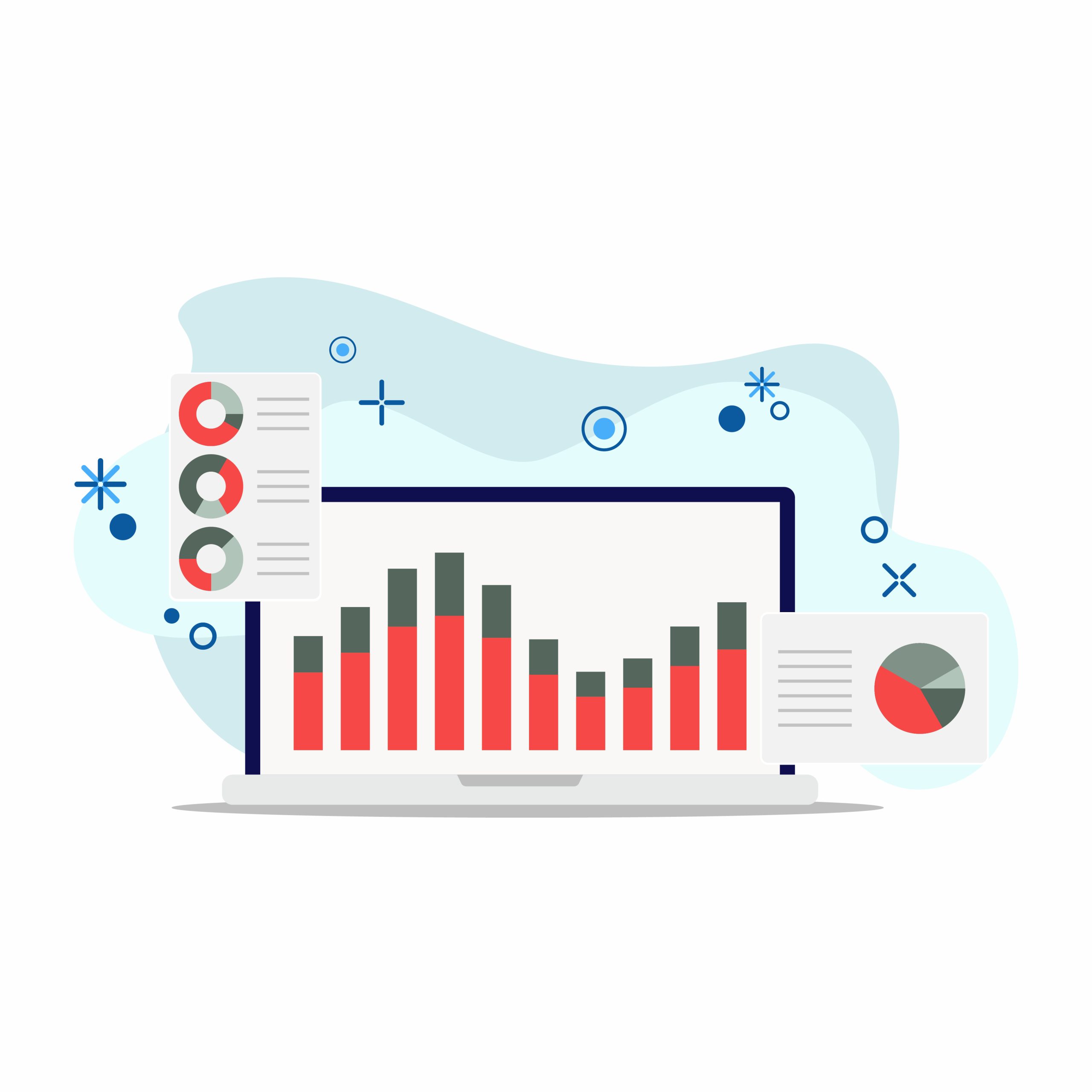 An illustration representing business intelligence and data reporting, showing various data visualizations including bar, pie, and donut charts on a laptop interface.