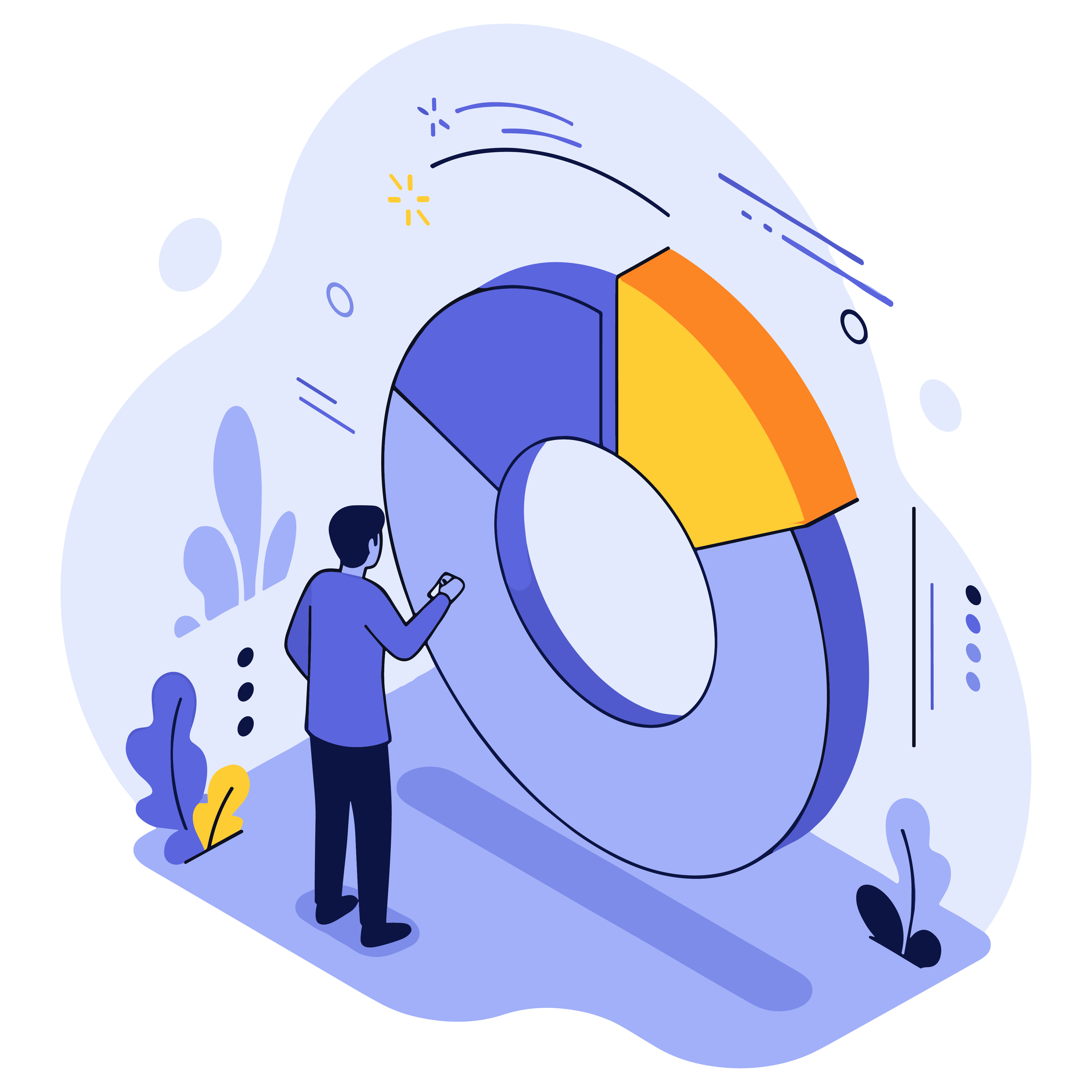 A flat vector illustration of a person standing next to a large, 3D isometric donut chart. The chart is divided into three segments: a large light purple section, a medium dark blue section, and a small highlighted orange section.