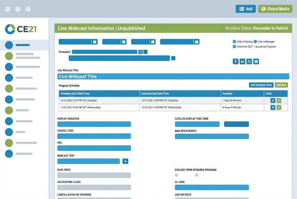 CE21 LMS administrative dashboard for configuring product details, managing diverse credit types, and automating certification workflows for professional associations."