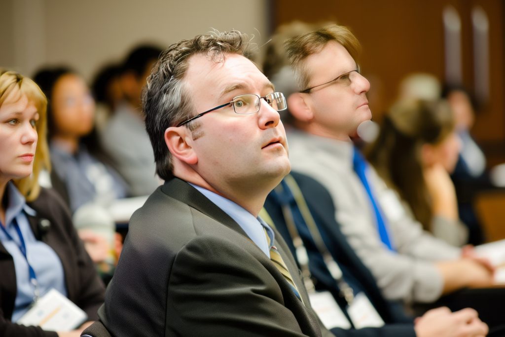 Legal professionals and attorneys attending an in-person CLE seminar focusing on law practice management and professional development.