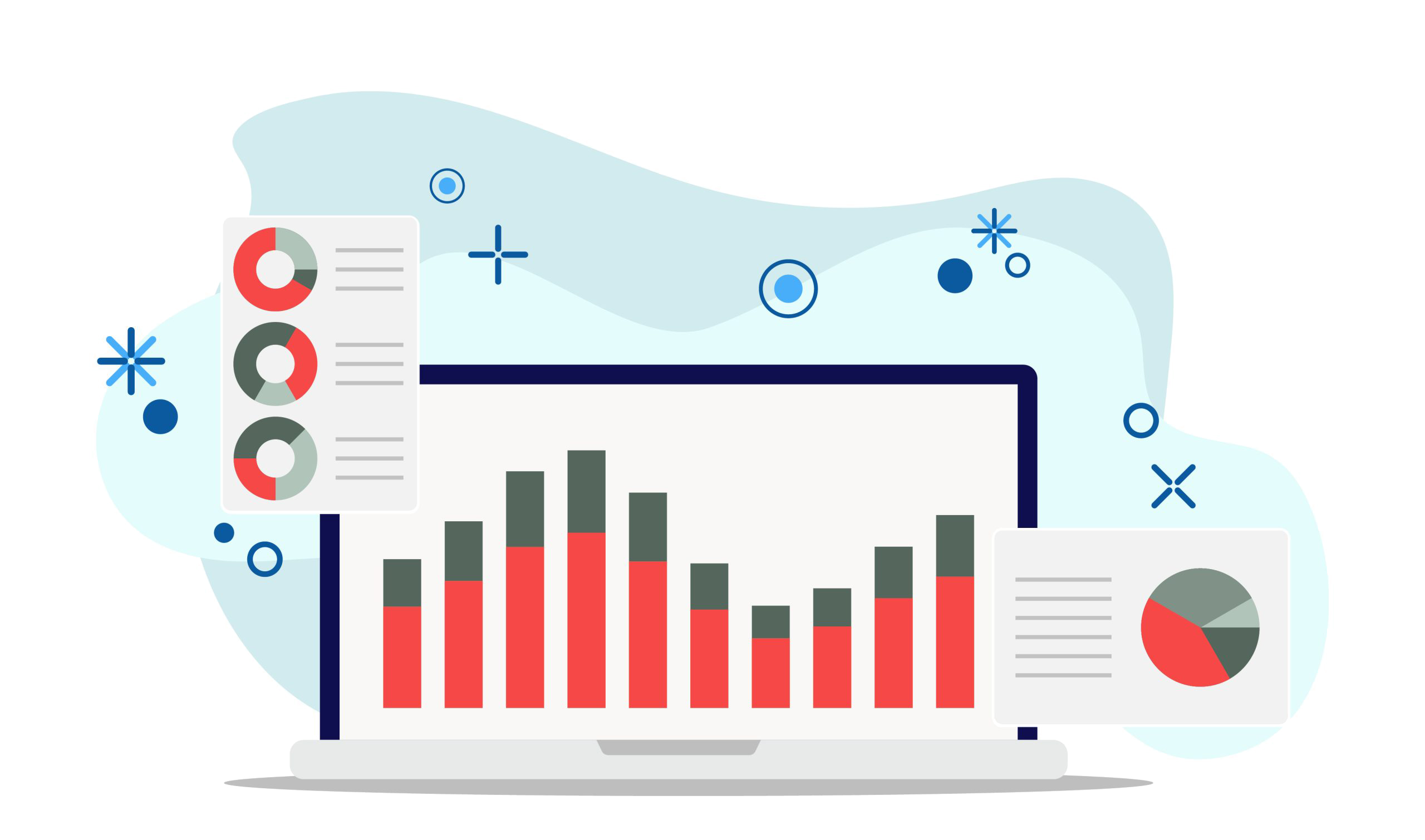 An illustration representing business intelligence and data reporting, showing various data visualizations including bar, pie, and donut charts on a laptop interface.