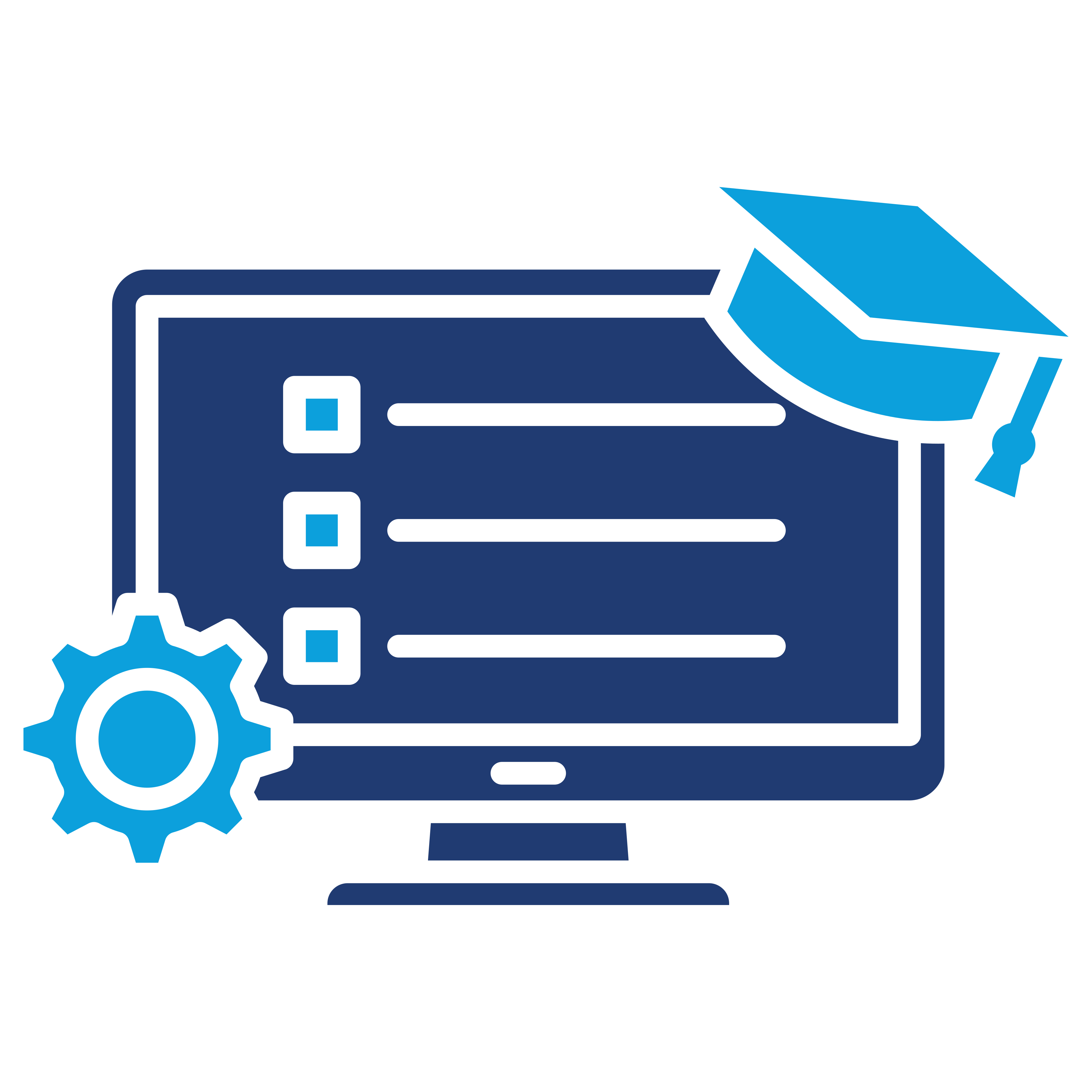Graphic of a computer monitor with a graduation cap and gear icon, representing CE21's automated CLE attendance verification, digital audit trails, and instant certificate generation for attorneys.