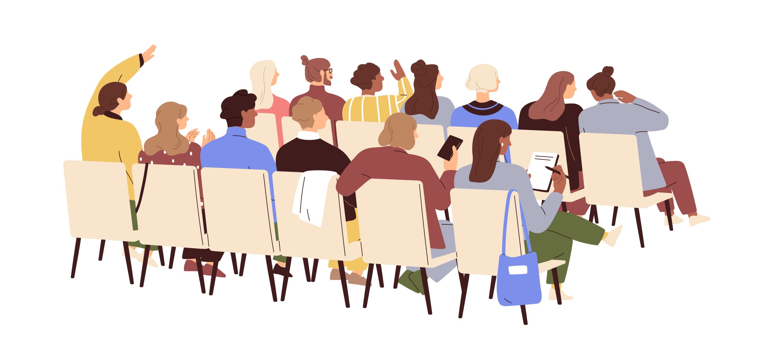 Illustration of an audience at a large legal conference, showcasing CE21’s ability to scale hybrid events with QR code check-ins for rapid attorney badge scanning and session tracking.