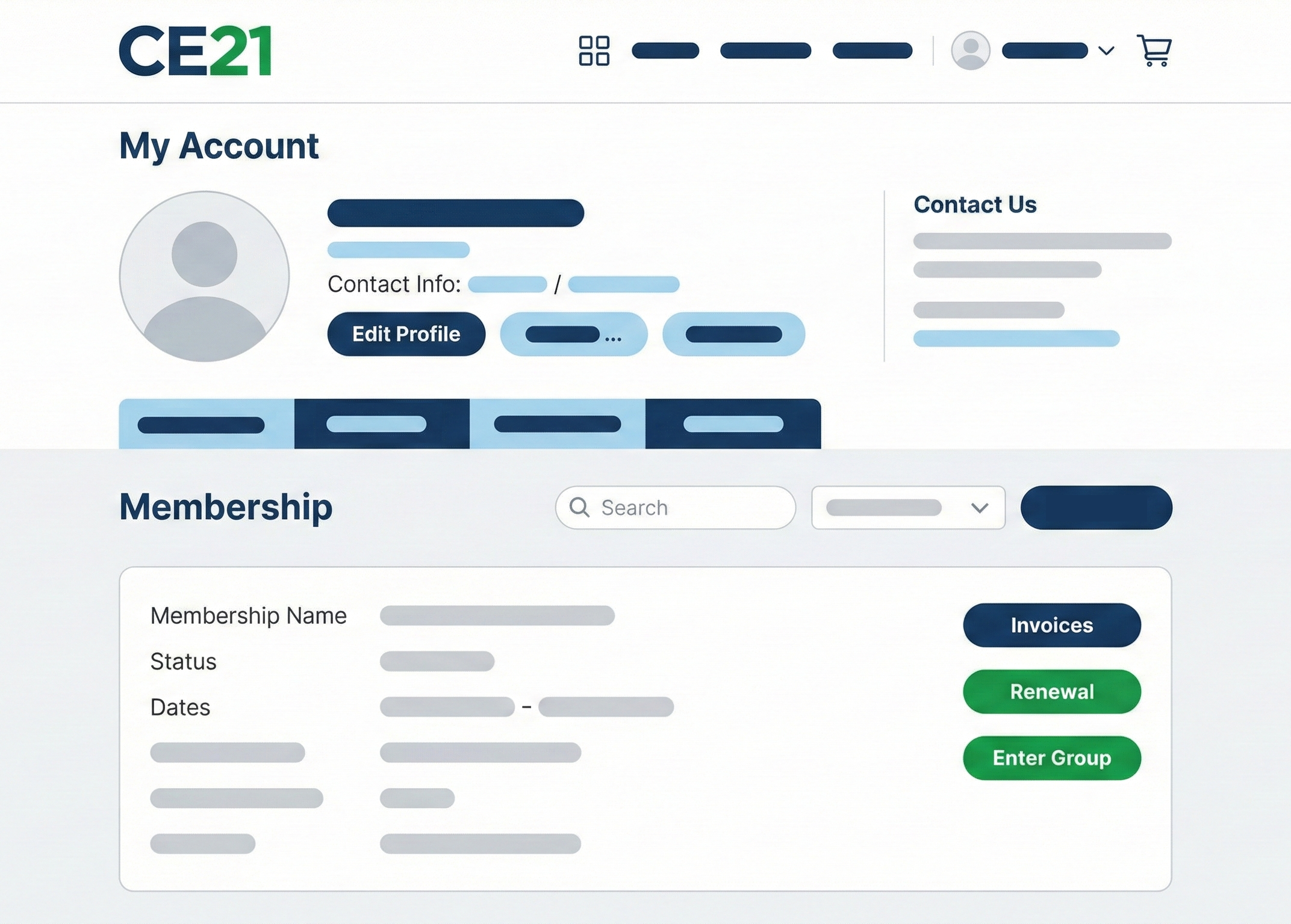 Integrated association member portal showing automated membership renewals, invoice management, and unified access to multiple professional groups.