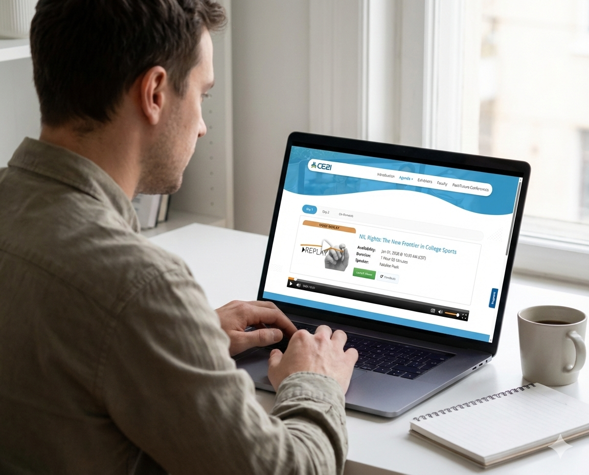 Professional association member using the CE21 LMS to access a virtual conference, view on-demand course sessions, and track continuing education credits.