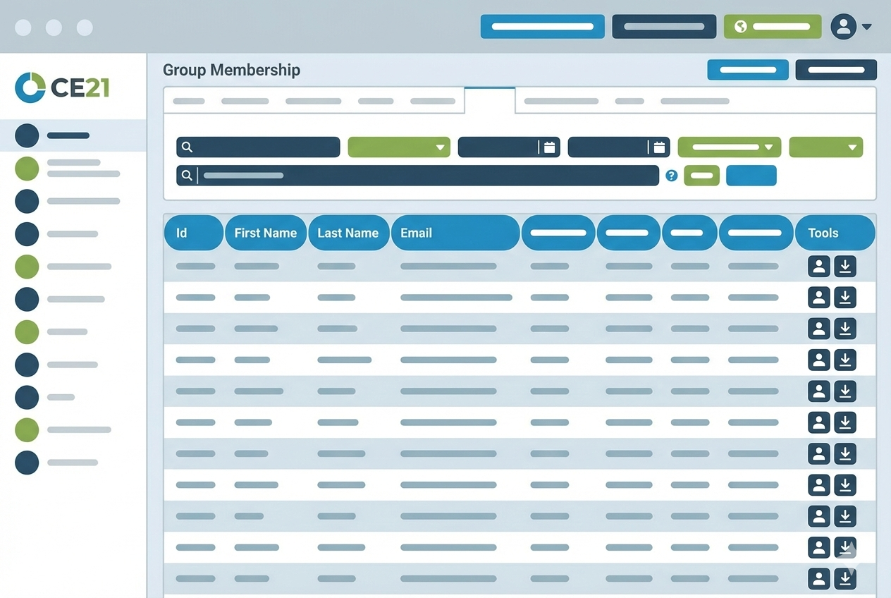 CE21 AMS administrative dashboard for managing member group access levels, automated renewal statuses, and dues collection workflows for professional associations.