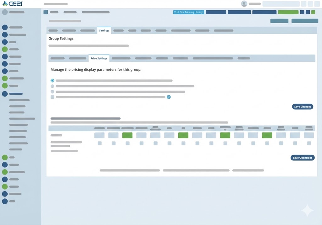 pricing-manage-ams - CE21 CE21 AMS administrative dashboard for configuring group-specific pricing parameters and automated member-only discounts in the learning catalog.